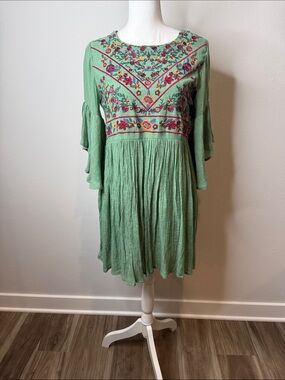 Umgee Mint Green Embroidered Boho Mini Dress Bohemian Size Small Hippie Fairy
